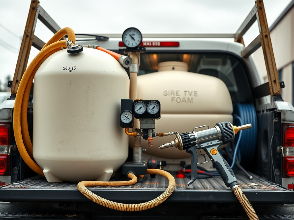 Spray foam insulation rig, hoses, and proportioning tanks staged at a jobsite