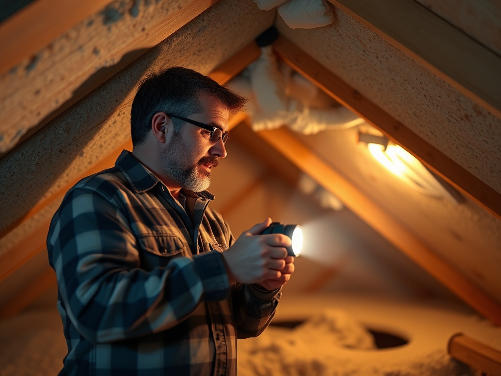 Homeowner inspecting attic insulation with a flashlight for signs of wear