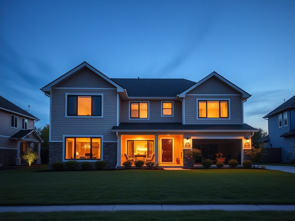 Energy-efficient home exterior at dusk representing spray foam insulation performance