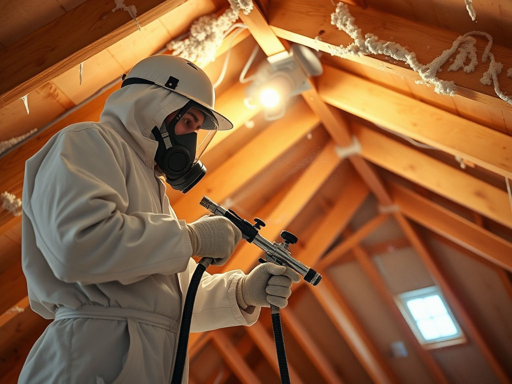 Spray foam insulation technician in full PPE applying closed-cell foam to an attic roofline