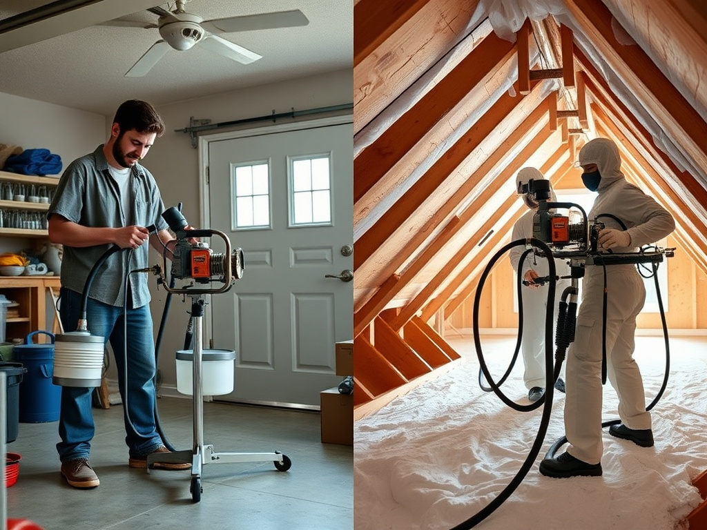 A small two-tank DIY spray foam kit next to professional spray foam rig equipment