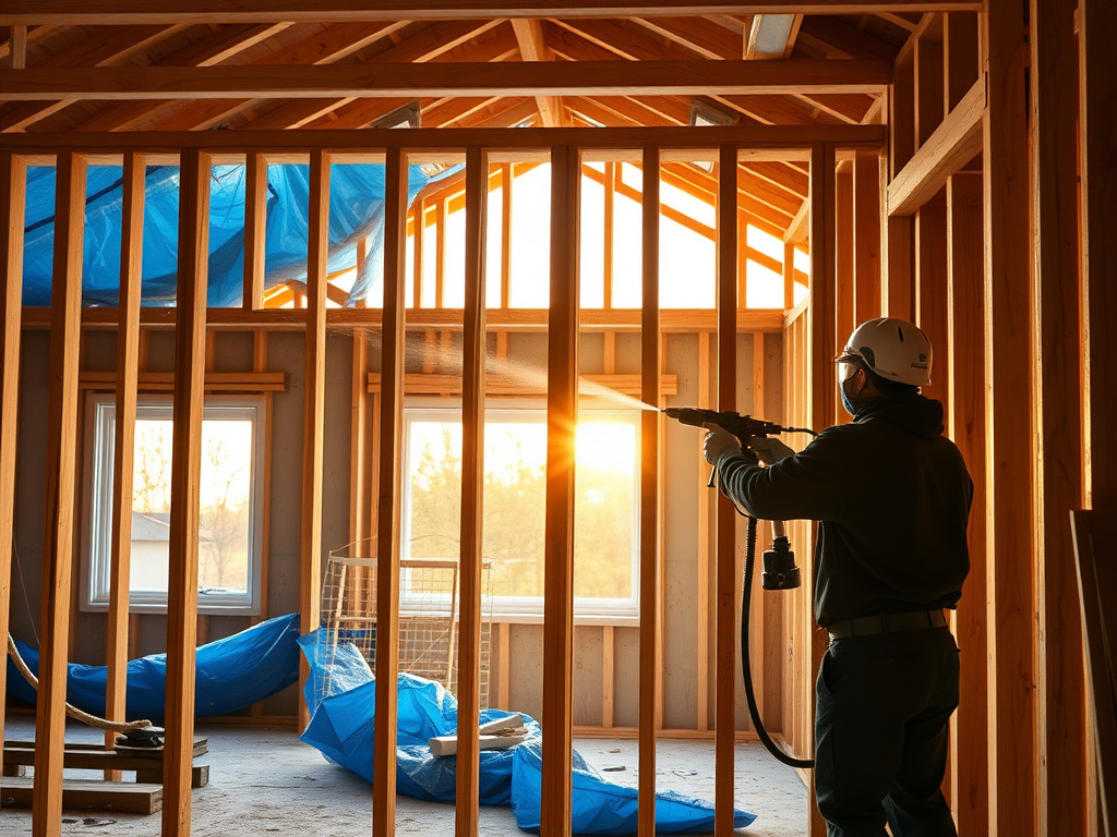 New construction home with spray foam insulated walls before drywall installation