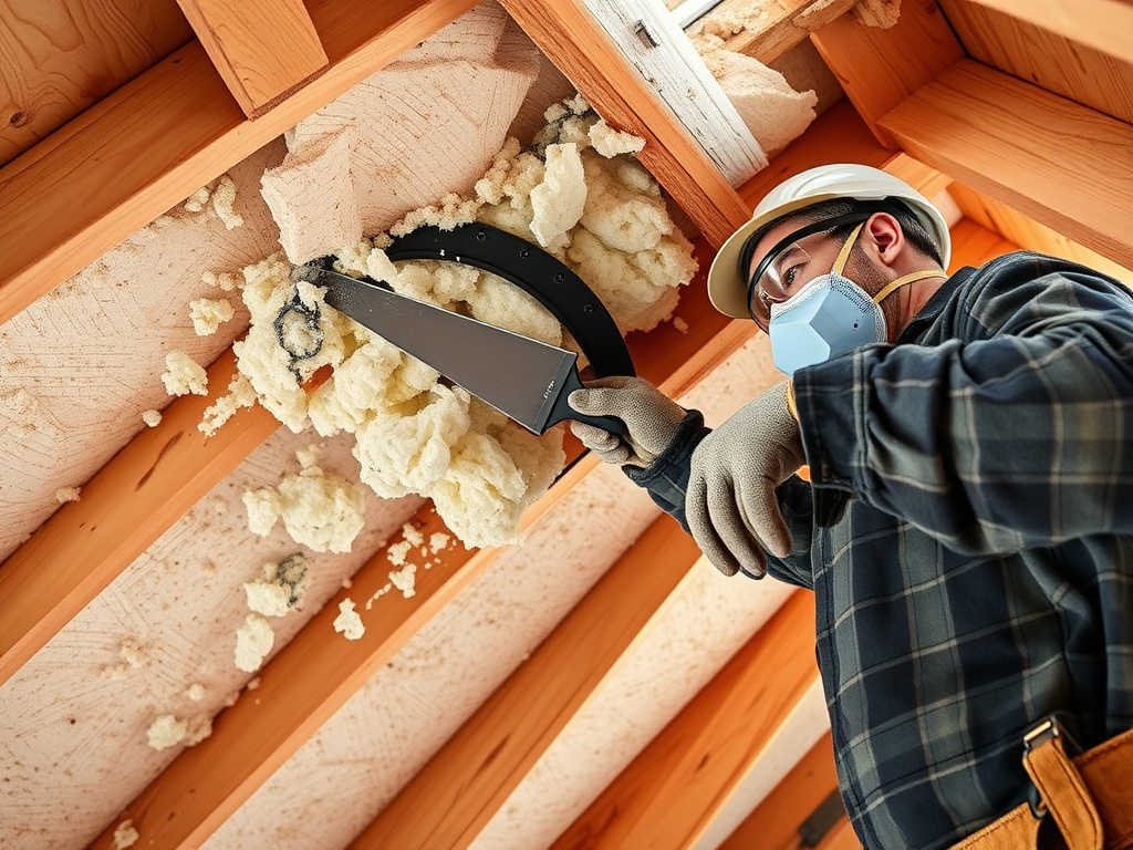 A technician mechanically scraping old spray foam from a roof deck during a repair job