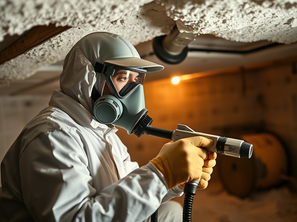 Installer wearing full protective equipment while applying spray foam insulation