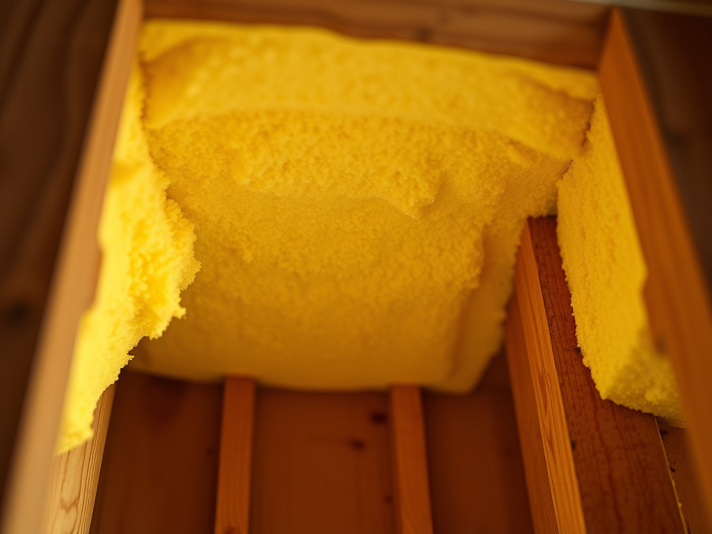 Close-up of cured spray foam insulation applied between wall studs